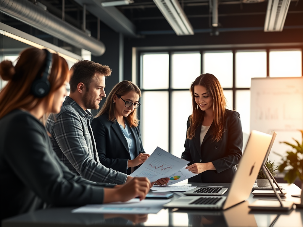 Consultores de datos en oficina moderna revisando gráficos y métricas de proyectos de analítica, ETL y transformación digital.