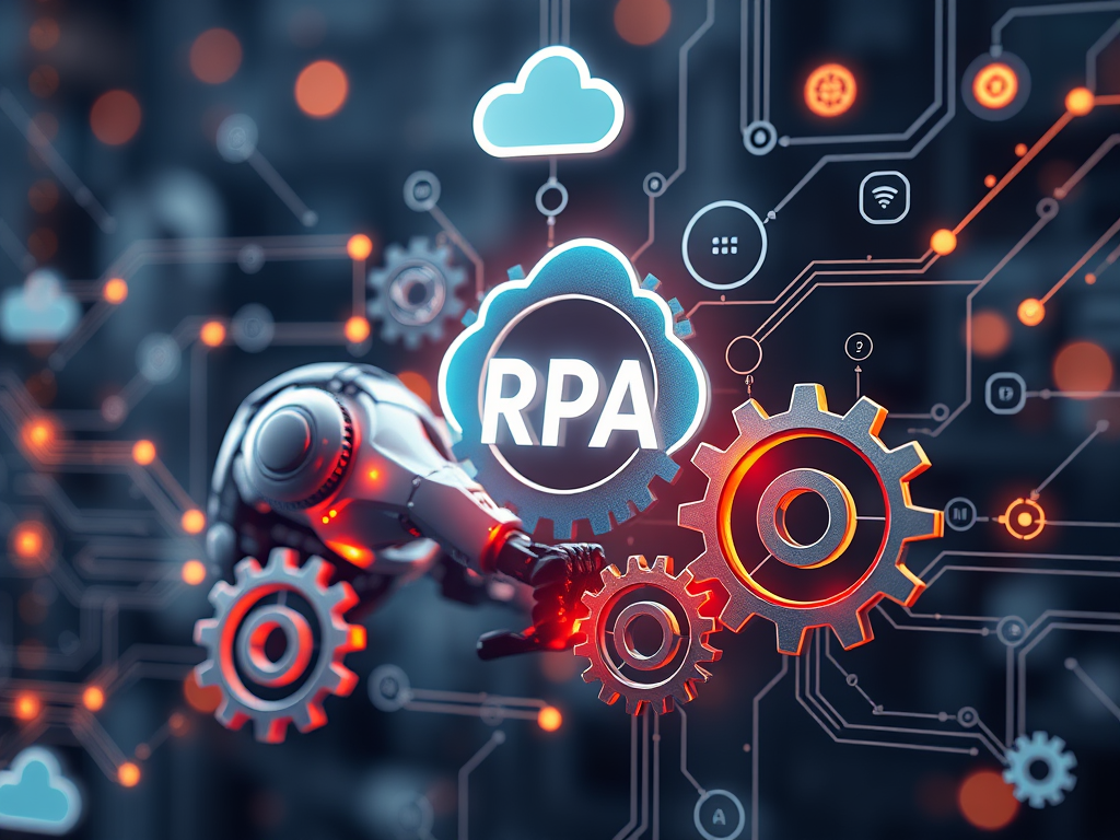 Ilustración de transformación digital y automatización con brazo robótico digital, engranajes interconectados e ícono de nube, representando RPA y procesos en la nube.