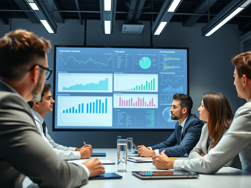 Reunión ejecutiva con consultores y directivos analizando dashboards estratégicos en pantalla con gráficos de ventas, métricas de ingresos y KPIs clave.