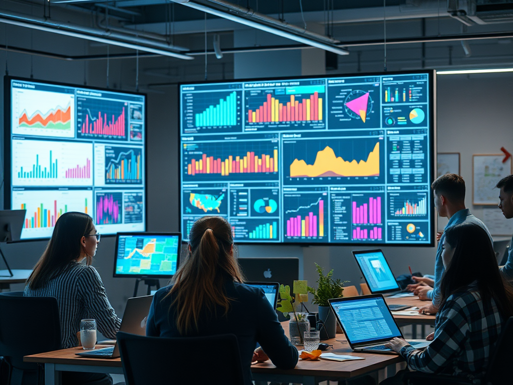 Dashboard corporativo en pantallas con gráficos, KPIs y métricas clave, representando la visualización de datos e insights estratégicos de negocio.