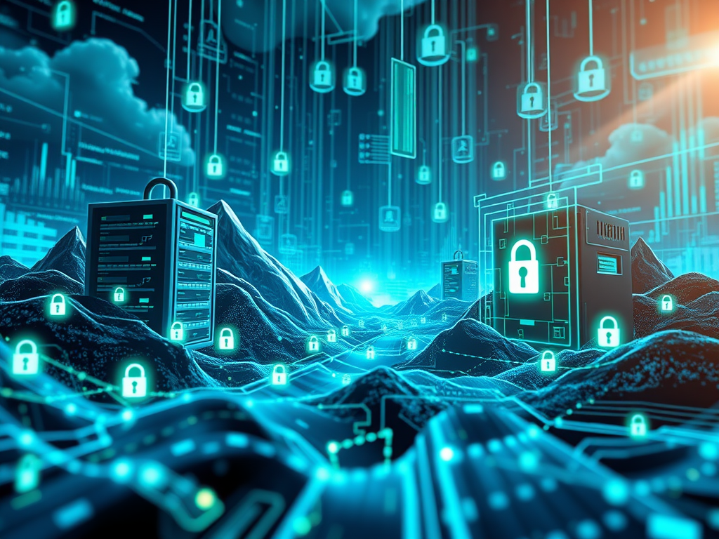 Candado digital transparente sobre red de datos azules que representa la ciberseguridad y el gobierno de datos empresariales.