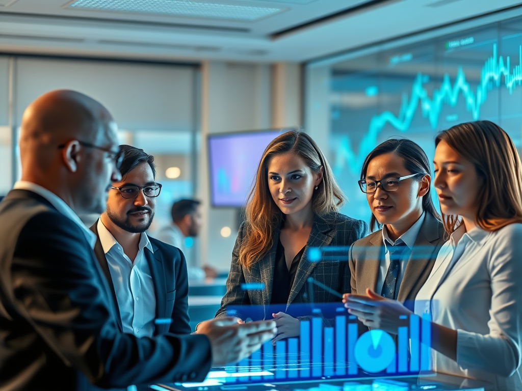 Consultores de datos analizando dashboards de analítica avanzada e inteligencia de negocio con gráficos de rendimiento, predicciones y KPIs empresariales.